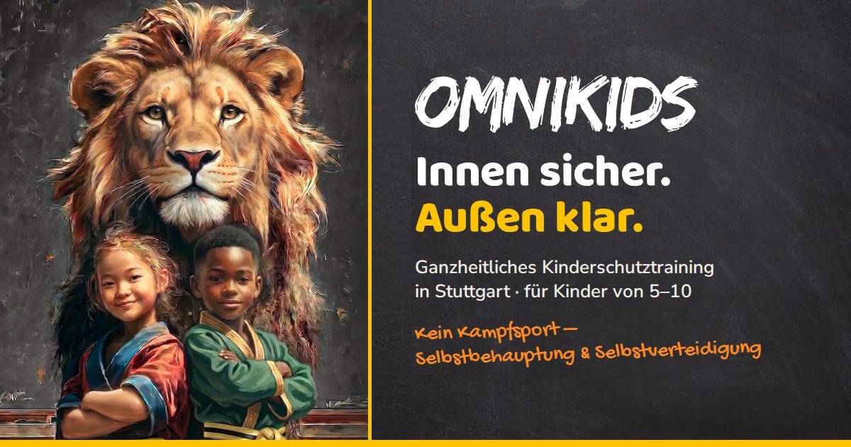 Kinder beim OmniKids-Training in Stuttgart mit dem Löwen als Symbol für inneren Mut
